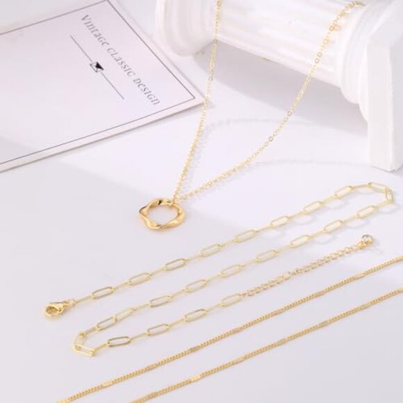 Layering Necklace Set Gold Plated Brass Chains Trendy Minimal Chic - Picture 5 of 7